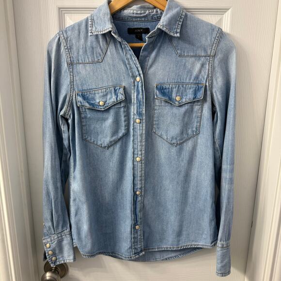 J Crew Tops - J Crew Shirt Womens 0 Blue Indigo Denim Pearl Snap Western Chambray Cowgirl